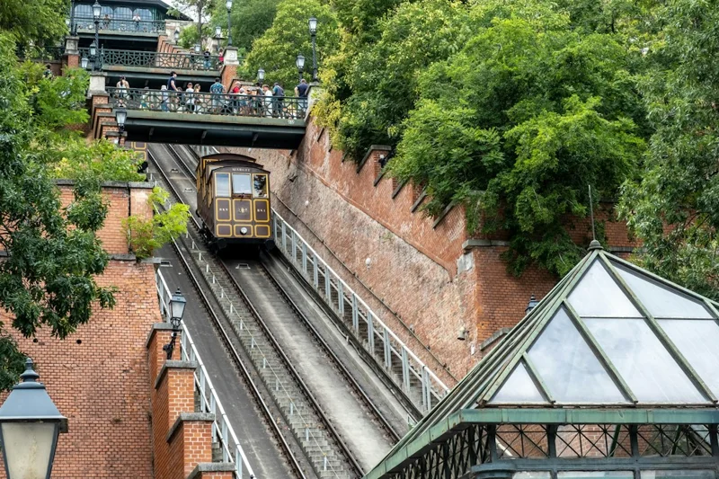 Funicular car climbing a steep green hillside above a city